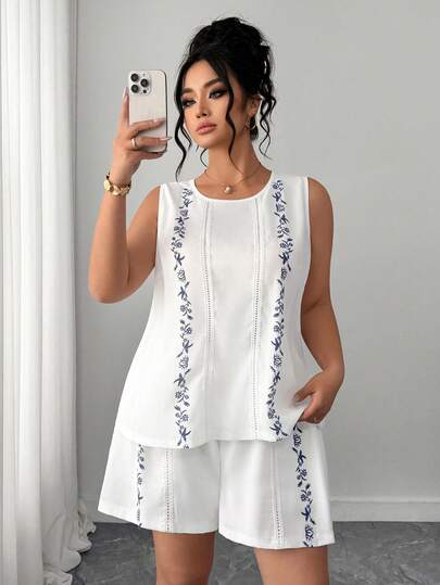 Elenzga Embroidery Print Patchwork Hollow Floral Trim Round Neck Sleeveless Top + Loose A-Line Shorts Set, Fashionable Vacation & Daily Wear, Minimalist Commuting, Classic Versatile
