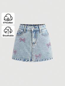 Girlism 少女时尚返校节街头风混搭百搭设计 Y2K 复古酷炫街头春夏清新粉色蝴蝶结刺绣蓝色牛仔半身裙，适合日常穿着、春夏锐舞节和街头服饰。 - 藍色 - 查看 1
