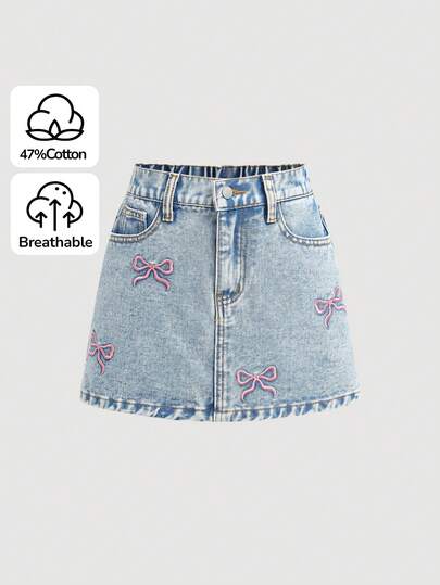 Girlism Tween Girl Fashion Casual Y2k Vintage Cool Street Spring And Summer Light And Fresh Pink Bow-Patterned Embroidered Blue Denim Half-Length Skirt For Dailywear And Spring To Summer Rave Festival And Streetwear