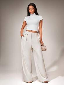 Radiana 女士夏季简约宽松卡其色阔腿裤，舒适亚麻长裤，办公休闲裤，卡其色阔腿裤，高腰阔腿裤，卡其色西装裤，高腰裤，女士长裤 - 卡其色 - 查看 5