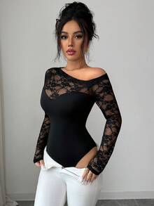 Rafferiza 蕾丝性感不对称露肩长袖，优雅高端黑色连体衣，女士休闲连体衣，女士度假装，女士优雅沙滩泳衣，嘉年华装，女士黑色连体衣 - 黑色 - 查看 5