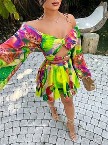SHEIN SXY Women's Pink And Yellow Tropical Print Off-Shoulder Hollow Out Flare Sleeve Top And Skirt 2-Piece Set,Boho Vacation Beach Ibiza Autumn Summer Spring - Multicolor - View 7