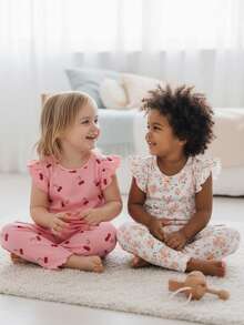 2件套可爱女婴夏季系列设计，粉色樱桃印花搭配白色春季碎花，荷叶边袖口短袖长裤睡衣套装 - 彩色 - 查看 7