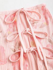Sweetra Falda sexy y romántica para mujer con estampado floral, lentejuelas, lazo lateral y abertura alta, adecuada para la calle, el trabajo, primavera/verano - Rosa - Ver 5