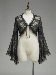 ROMWE Goth Plus Size Romantic Lace Bell Sleeve Cropped Cardigan (Dress Outerwear) - Black - View 1