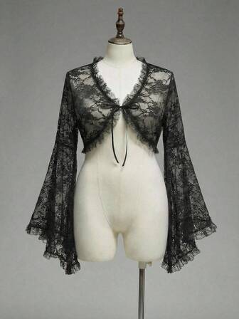 Goth Chaqueta corta de encaje con mangas acampanadas para tallas grandes (Vestido exterior)