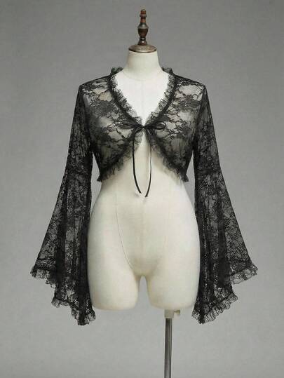 ROMWE Goth Chaqueta corta de encaje con mangas acampanadas para tallas grandes (Vestido exterior)