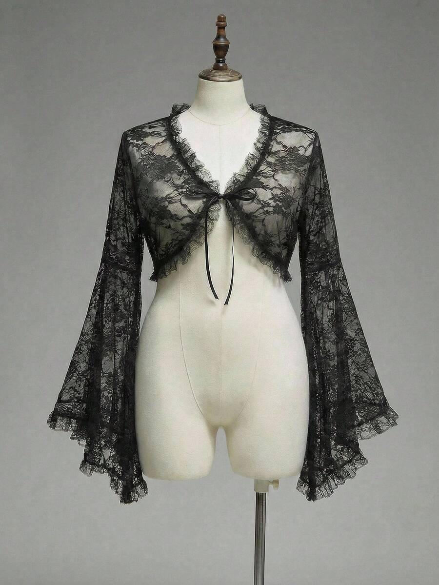 ROMWE Goth Plus Size Romantic Lace Bell Sleeve Cropped Cardigan (Dress Outerwear) - Black - View 1