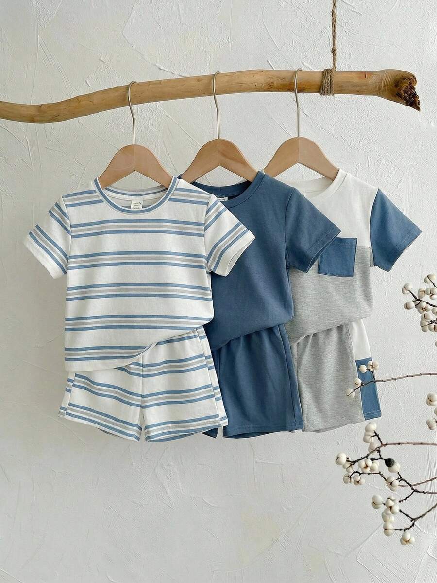 SHEIN 6件套儿童夏季服装套装,男童蓝色条纹拼接休闲可爱上衣T恤和3条短裤,适合度假、上学、居家、外出、旅行 - 彩色 - 查看 1