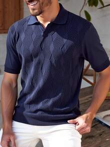 Manfinity Homme 男士休闲V领短袖针织衫，纹理面料，适合夏季度假和日常通勤 - 藏蓝色 - 查看 4