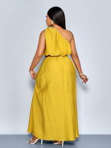 SOLERSUN Plus Size Sexy And Elegant Polka Dot Two Pieces Set, Off-Shoulder Top, Long Skirt, Faux Linen Casual Yellow Suit, Perfect For Commuting And Vacation, Spring/Summer Women's Wear,Quiet Luxury Vacation - Mustard Yellow - View 4