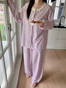 Dazy Plus Plus Size 2pcs/Set Cute Heart Floral Print Casual Contrast Lace Round Neck Loose Long Sleeve Top And Long Pants Pajama Set, Spring/Autumn - Blue - View 4