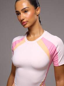 Musera Sport Contrast Panelled Graphic Active T-Shirt Only Sport Workout Gym Pilates Fitness Daily Girly Casual Hot Sweat Summer - Pink - View 3