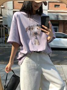 DAZY 女士休闲狗狗印花短袖T恤，夏季 - 紫色 - 查看 3