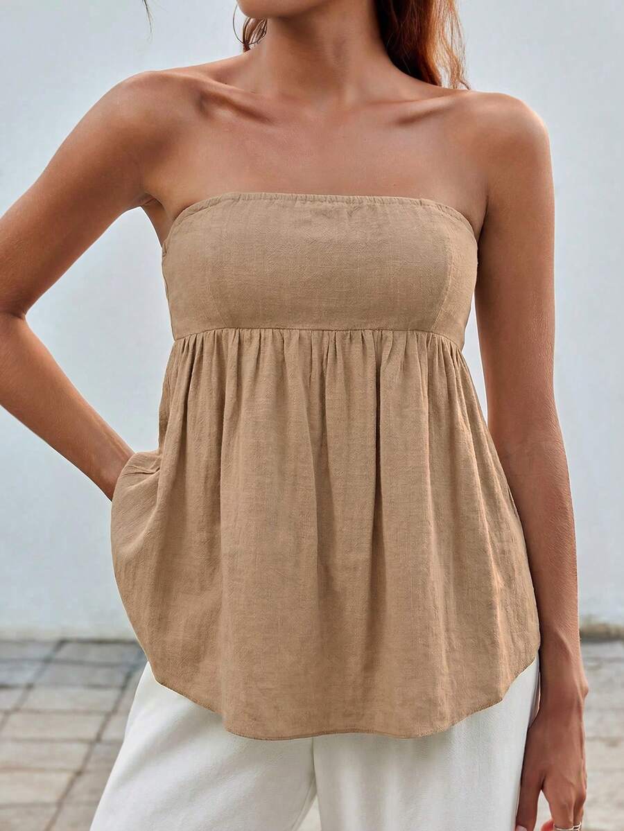 SHEIN EZwear 女士时尚纯色抹胸A字上衣,女士休闲荷叶边下摆,褶皱吊带修身卡其色人造丝纯色衬衫,春夏,派对/夜店装 - 卡其色 - 查看 1