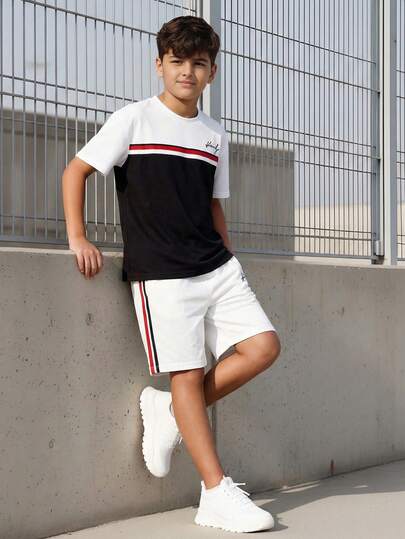 Vacaura 2pcs/Set Teenage Boys' Casual Sports Black & White Patchwork Short T-Shirt And Shorts, Red, Black & White Ribbon Accent, Suitable For Summer Outdoor