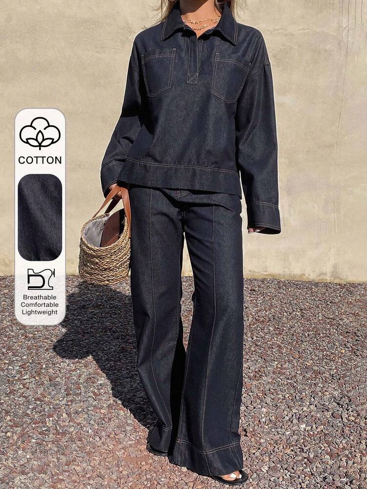 Women's Spring Casual Denim Suit, Loose Fit Shirt With Decorative Stitching Collar And Relaxed Fit Pants