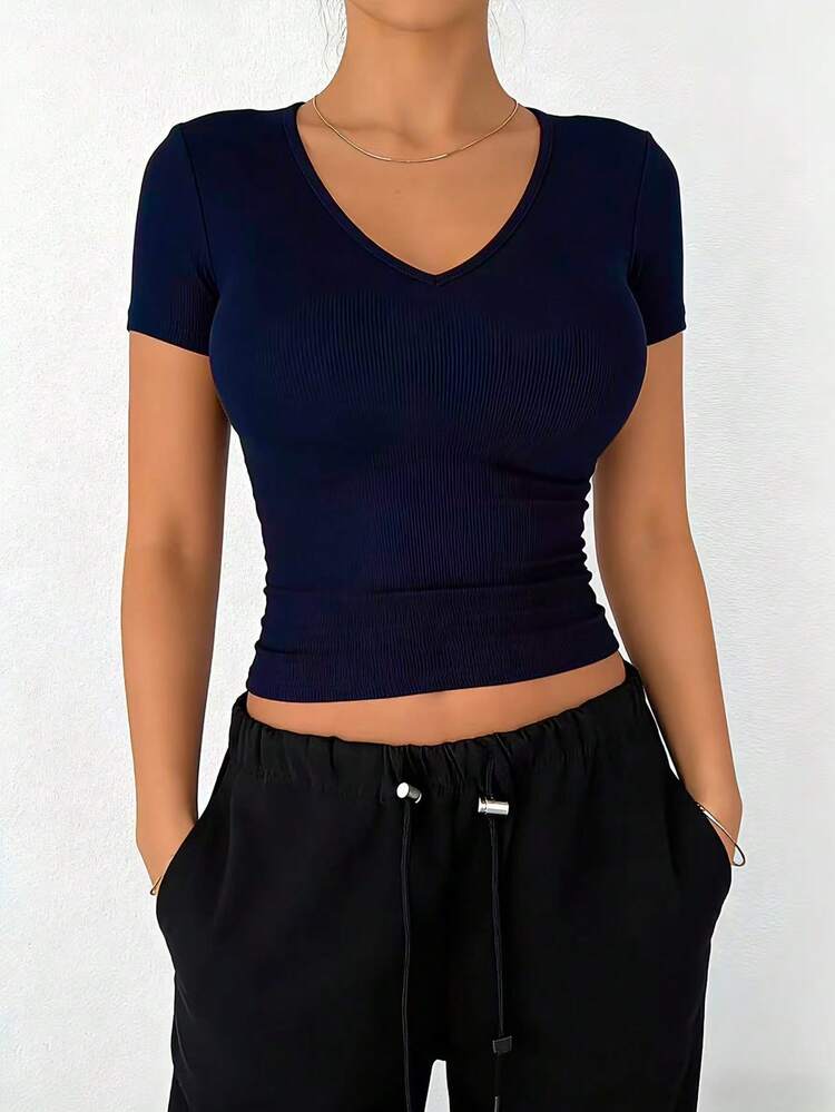 Women's Casual Versatile Solid Color V-Neck Fitted Undershirt Crop Tops Women
