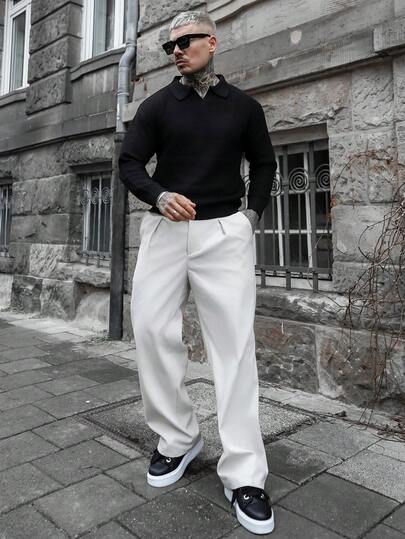 Artur Kramer 男士梭织时尚休闲纯色褶皱设计浅杏色直筒宽松长西装裤，适合夏季、学校、秋季