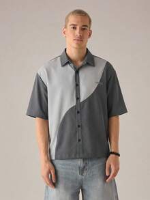 SWAVVY 男士休闲衬衫，拼接设计，复古时尚，约会必备 - 灰色 - 查看 3