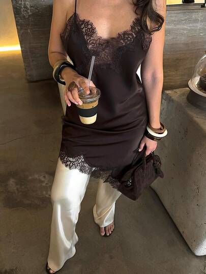 Opulessa 女士优雅性感蕾丝拼接不对称下摆露背吊带迷你连衣裙，夏季