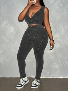 SHEIN SXY Plus Size Grey 2 Pieces Set,Summer Casual Baggy High-Elasticity Ribbed Fabric Gym Outfits,Sleeveless V-Neck Cropped Camisole & High-Waisted Leggings - Black - View 6