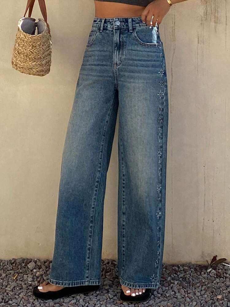 Women's Regular Waist Side Rhinestone Design Casual Elegant Loose Straight Leg Jeans Y2k