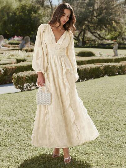 Enchnt Spring/Summer Romantic Women's Apricot V-Neck Ruffle Long Sleeve Maxi Dress,Sweet&Elegant For Valentine's Day&Birthday&Holiday Party&Sweet Date Night&Prom& Wedding Dress&Graduation Season&Vacation