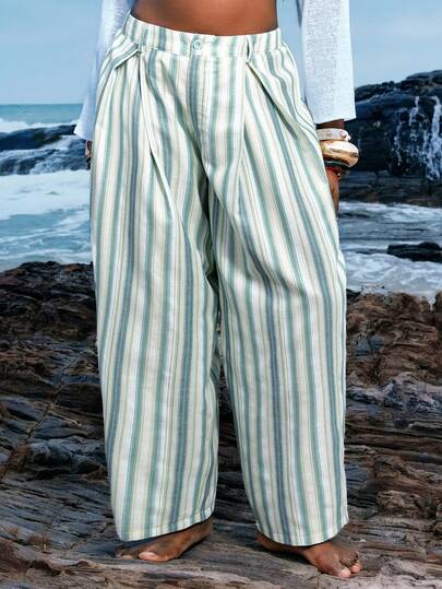 LYSMO Colorful Striped Comfortable Cotton Blend Curved Hem Casual Vacation Wide Leg Pants, Plus Size