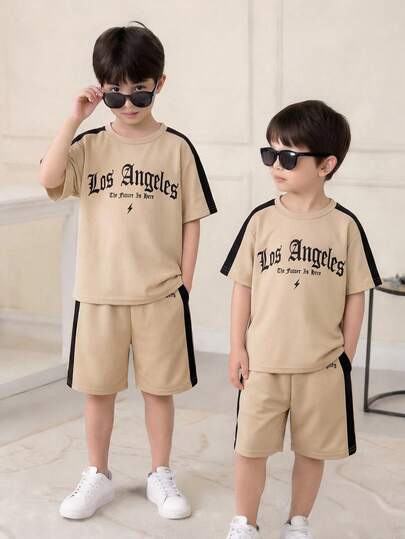 2pcs/Set Young Boy Casual School Style Contrast Color Round Neck Short Sleeve Shorts Set, Letter Print, Suitable For Commuting, School, Daily Casual Wear, Sports, Spring/Summer