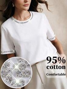 Anewsta Áo thun nữ thanh lịch, sang trọng, đính đá lấp lánh, thích hợp mặc đi làm. - trắng - Xem 5