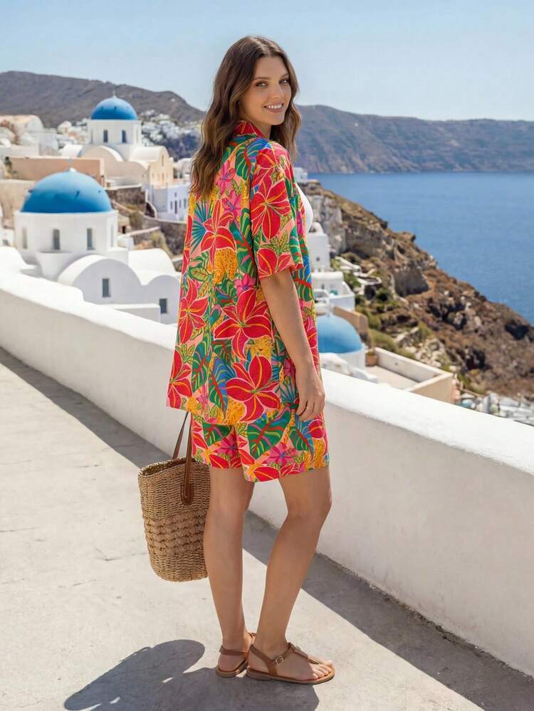 Plus Size Women Floral Print Kimono Cover Up And Shorts 2 Pieces Set Tropical Two Piece Set 2 Piece Sets Woman Summer Tropical Vacation Woman Clothes  Summer Outfits Summer Clothes  Spring  Spring Outfit Women Spring Clothes Beach Vacation Outfits For Women Bohemian