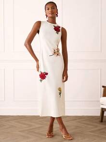 Lilora Women's Elegant Round Neck Applique Dress - White - View 3