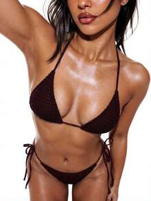 Swim SXY 26SS 女士春夏沙滩套装，两件式泳衣，性感沙滩装，适合度假、派对，优雅波西米亚风，采用精细针织饰边、箔片装饰、蝴蝶结点缀，配有可调节三角比基尼上衣 - 棕色 - 查看 4