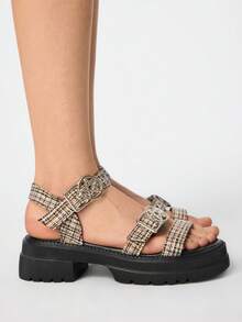 ROMWE Women's Summer Open Toe Dark Rock Punk Goth Roman Beach Sandals, Star Strap Platform Wedge Sandals Spring Shoes Spring Break Easter, Halloween For Christmas 2000s Style Summer Shoes - Black and white grid - View 4