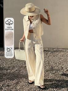 DAZY 女士牛仔套装 - 翻领无袖上衣和纯色裤子 - 杏色 - 查看 1