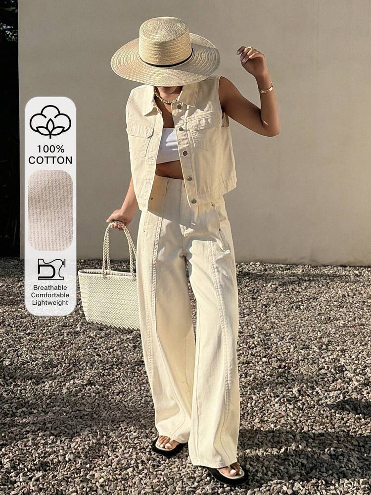 Women's Denim Suit - Collared Sleeveless Top & Solid Color Pants