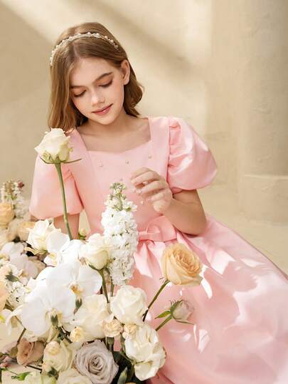 Girls' Luxurious Elegant Pink Satin & Tulle Bow Tie Short Puff Sleeve Fitted Formal Dress, Suitable For Evening Party, Christmas, Halloween, Wedding, Flower Girl, Prom, Graduation, Back To School And Other Occasions