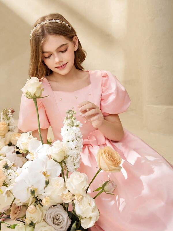 Girls' Luxurious Elegant Pink Satin & Tulle Bow Tie Short Puff Sleeve Fitted Formal Dress, Suitable For Evening Party, Christmas, Halloween, Wedding, Flower Girl, Prom, Graduation, Back To School And Other Occasions