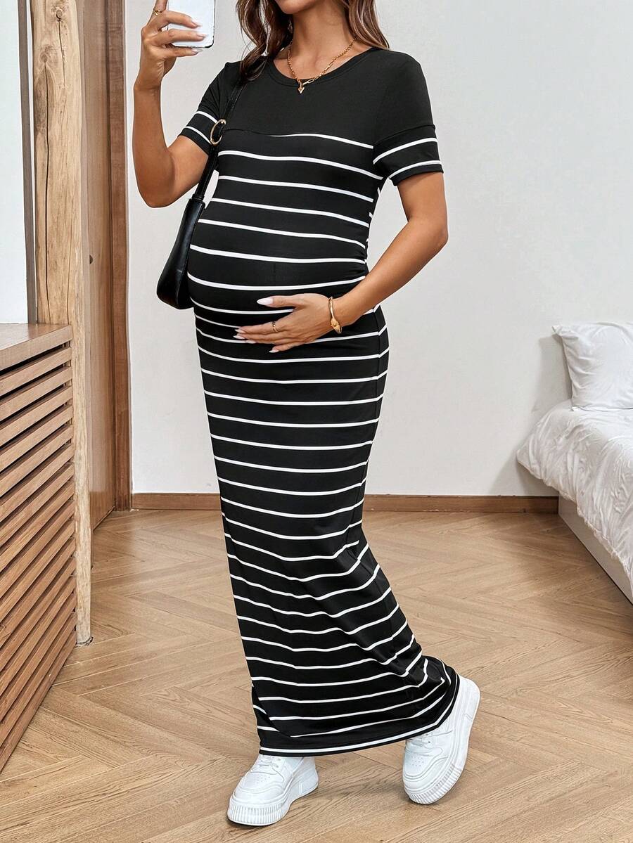 Đầm bầu cổ tròn kẻ sọc tay ngắn kiểu dáng thường ngày - Đen và trắng - Xem 1