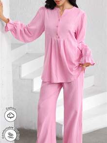 Modelyn 2pcs/Set V-Neck Button Front Cotton Shirt And Elongated Pants Pink Linen Mothers Day - Pink - View 5