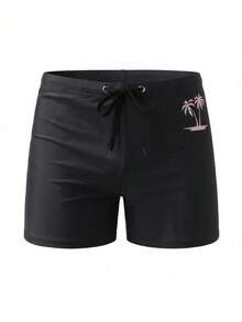 Manfinity Swimmode 男士椰树印花弹力腰带休闲度假沙滩泳裤，男士泳裤冲浪短裤，带压缩内衬，速干泳衣，夏威夷男士泳装，男士泳裤，棕榈树泳裤，男士黑色泳裤，男士沙滩短裤，男士黑色泳裤，男士棕榈树泳裤，男士泳装短裤，黑色泳裤 - 黑與白 - 查看 2