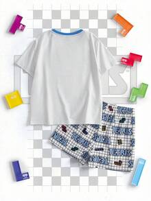 Tetris™ X SHEIN Tween Boy Summer Letter & Geometric Print Contrast Color Round Neck Short Sleeve Top And Shorts Pajama Set - Grey - View 2