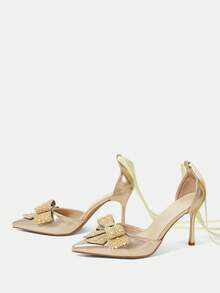 CUCCOO HITCHD Women Stylish Elegant Commuter Rhinestones Pearl Bows Decorated Pointed Pumps - Gold - View 4
