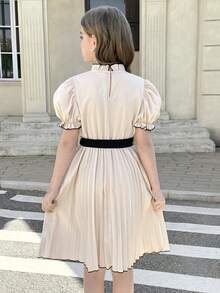 SHEIN 女童优雅杏色撞色荷叶边领荷叶边袖系带泡泡袖褶皱连衣裙 - 杏色 - 查看 8