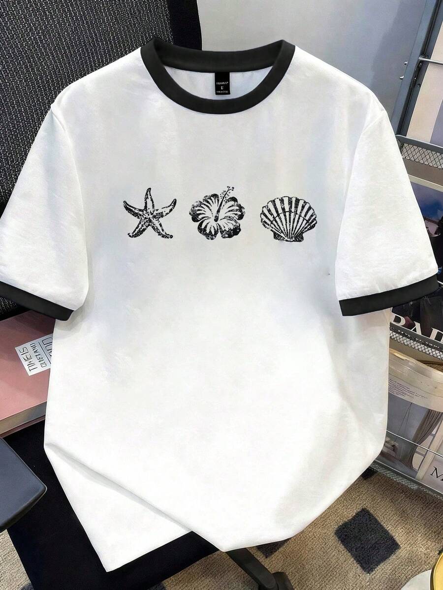 Manfinity Joysei 男士圆领撞色滚边海星贝壳印花休闲日常短袖T恤 - 黑與白 - 查看 1