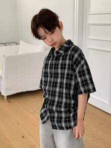 Dazy Kids 男童格子短袖单排扣休闲宽松衬衫 - 黑色 - 查看 6