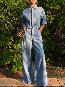 DAZY Mono vaquero casual de mujer con cuello de solapa, manga corta, cintura ceñida y silueta recta suelta - Azul lavado medio - Ver 7