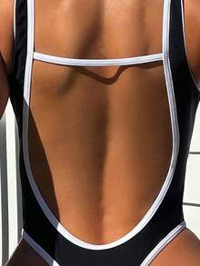 Swim SXY Traje De Baño De Una Sola Pieza Para Mujer Con Espalda Grande Abierta Y Adornado Con Flecos - Blanco y Negro - Ver 3