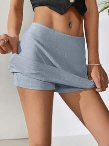 Comfortcana Light Blue Linen Mini Low-Waist Skirt, Summer - Baby Blue - View 8
